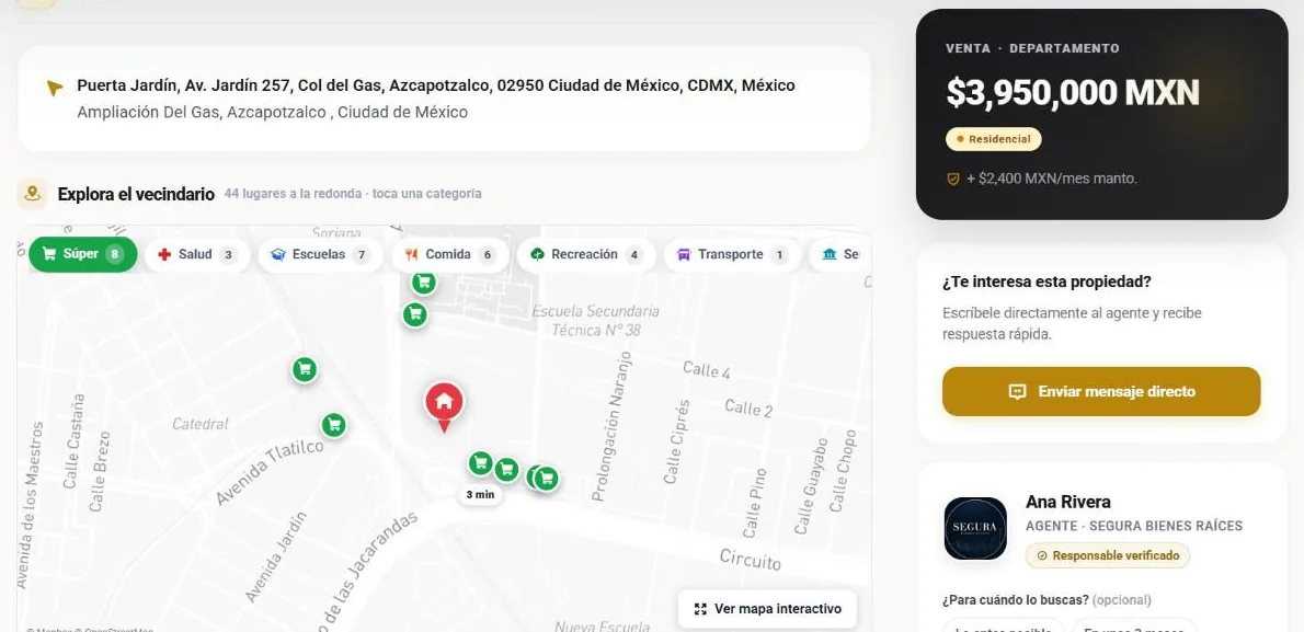 La ficha que ve tu comprador: precio, vecindario y sello de verificado.