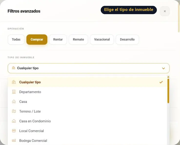 Filtros del buscador que cambian según el tipo: departamento, nave industrial y terreno